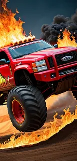 Fiery red monster truck on flames.