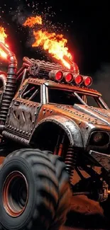 Monster truck with fiery exhausts on a dark background.