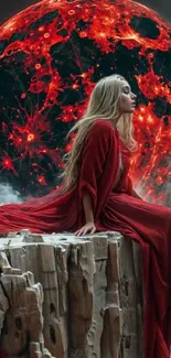 Woman in red gown under a fiery moon.