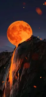 Orange moon pouring bright light over a cliff.