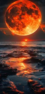 Fiery orange moon reflecting over ocean at sunset with rocky shore.