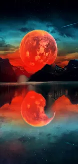 Fiery red moon reflecting on a serene lake.