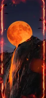 Mobile wallpaper with fiery moon and mountain framed by vibrant flames and birds.