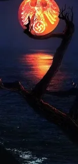 Fiery moon reflecting over a dark ocean with tree silhouette.