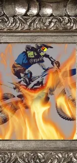 Motocross rider in flames framed art.