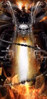 Biker engulfed in flames on a motorcycle, fiery and dynamic artwork.