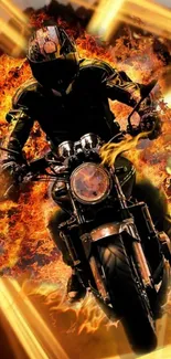 Motorcycle speeding through intense flame background.