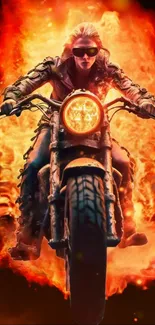 Motorcycle rider engulfed in vibrant flames on a dynamic mobile wallpaper.