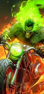 Fiery green-flamed character rides a motorcycle in vivid mobile wallpaper.