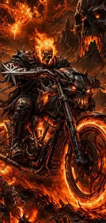 Fiery skeletal rider on blazing motorcycle in hellish landscape.