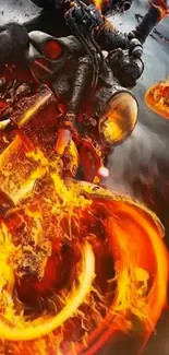 Fiery motorcycle with blazing flames and intense action scene.