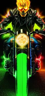 Fiery skull-headed motorcyclist in neon lights.