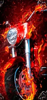 Fiery motorcycle engulfed in intense flames with a dark background.