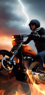 Biker on a fiery motorcycle with a stormy sky background.