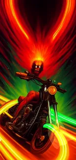 Fiery superhero rides a motorcycle with intense colors and dynamic energy.