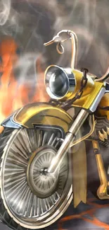 Fierce motorcycle surrounded by flames and chains.