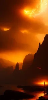 Fiery landscape with mountains and a glowing phoenix in the sky.