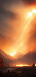 Fiery mountain landscape with dramatic orange sky and glowing horizon.