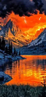 Fiery sunset over mountains and lake reflection.