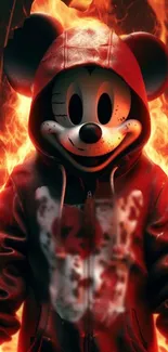 Cartoon mouse in red hoodie with fiery background.