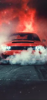 Muscle car in smoke and flames mobile wallpaper.