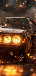 Fiery muscle car with flames and lightning wallpaper.