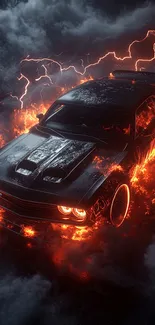 Fiery muscle car with lightning effects in dark clouds.