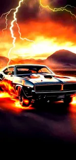 Fiery muscle car driving under a lightning-filled sky.