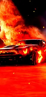 Muscle car engulfed in fiery red flames mobile wallpaper.