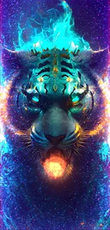 Mystical tiger with blue and orange flames, digital art wallpaper.