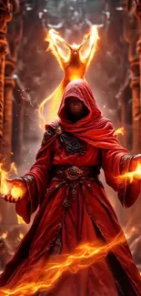 Mystic warrior in fiery flames with dramatic background.