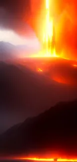 Fiery mystical landscape with glowing horizon and dark mountains.