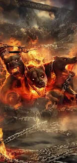 Three-headed creature in fiery chains wallpaper.