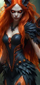 Dark fantasy warrior with fiery red hair and wings.