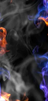 Fiery neon flame wallpaper with blue and orange flames on a black background.