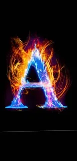 Fiery neon letter 'A' with colorful flames on a black background.