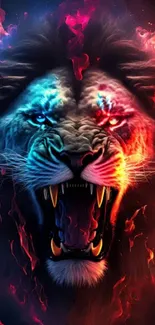 Fiery neon lion with abstract colors.