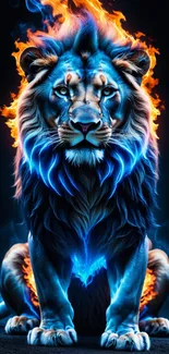 Fiery neon lion with vibrant blue flames and dynamic design for mobile wallpaper.