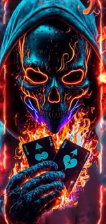 Neon masked figure with fiery cards and vibrant flames in a dynamic wallpaper.