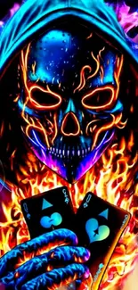 Vibrant neon skull with fiery flames and playing cards.