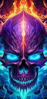 Fiery neon skull wallpaper with vibrant blue and orange flames.