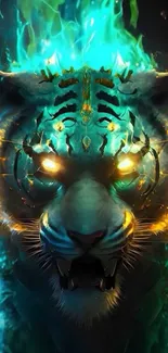 Neon blue and fiery tiger with glowing eyes wallpaper.