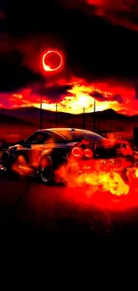 Fiery car driving at night with a blazing sunset backdrop.