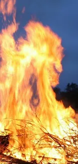 Blazing bonfire under a dark sky.