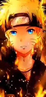 Anime ninja with blue eyes and fire-themed background.