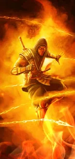 Fiery ninja in action with intense flames and energy loops.