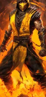 Epic warrior in fiery flames background wallpaper.