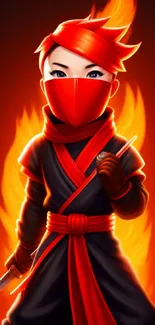 Fiery ninja warrior in dynamic pose with vibrant orange flames.