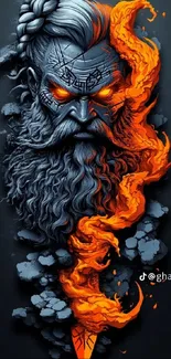 Norse warrior with fiery orange flames and intricate dark details.