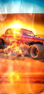 A vintage car races through a fiery desert under a breathtaking sunset.